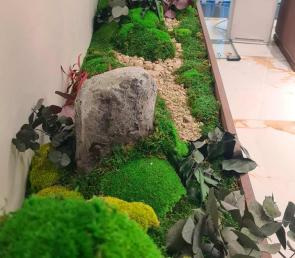 Planter installation with moss, plants and stone relief